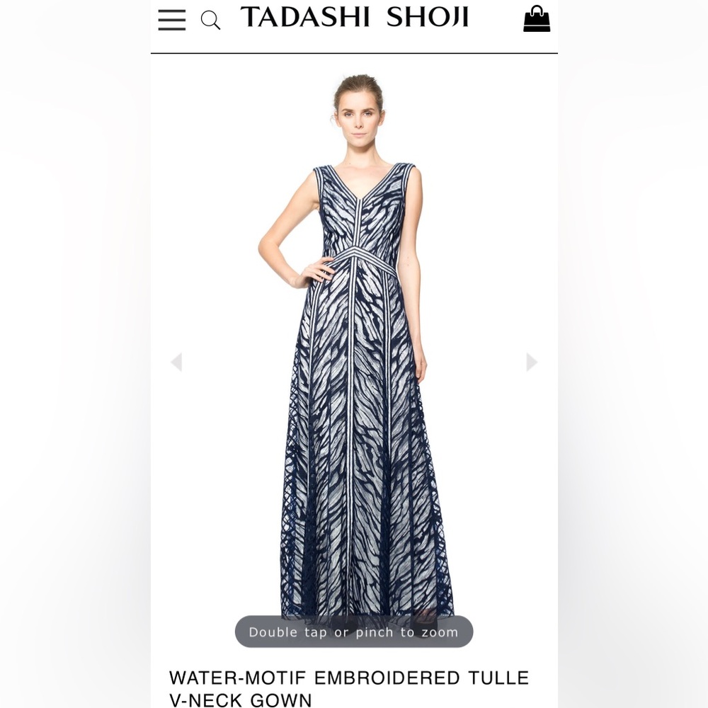 Tadashi Shoji Navy and Ivory Water-Motif Embroidered Tulle V-Neck Gown